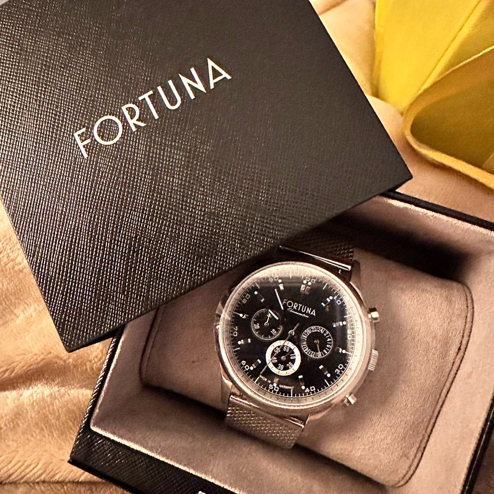 Men’s Silver Mesh Chronograph Watch with Black Dial